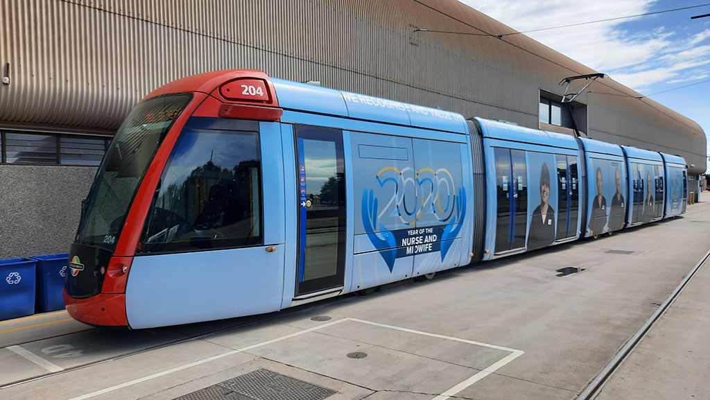 Vinyl-wrapped tram celebrating 2020 as the Year of the Nurse & Midwife