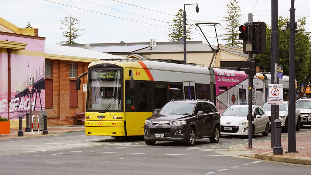 A tram at the intersection of Jetty and Brighton Roads, Glenelg.